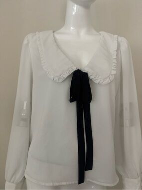 White Ruffle Collar Blouse with Black Tie